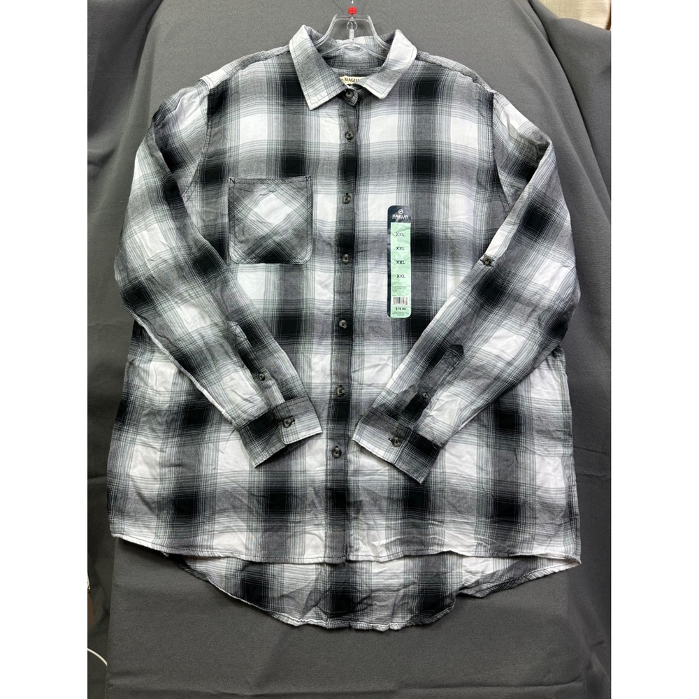 Magellan Outdoors Women XXL Flannel Shirt Plaid Boyfriend Fit Caviar Black White